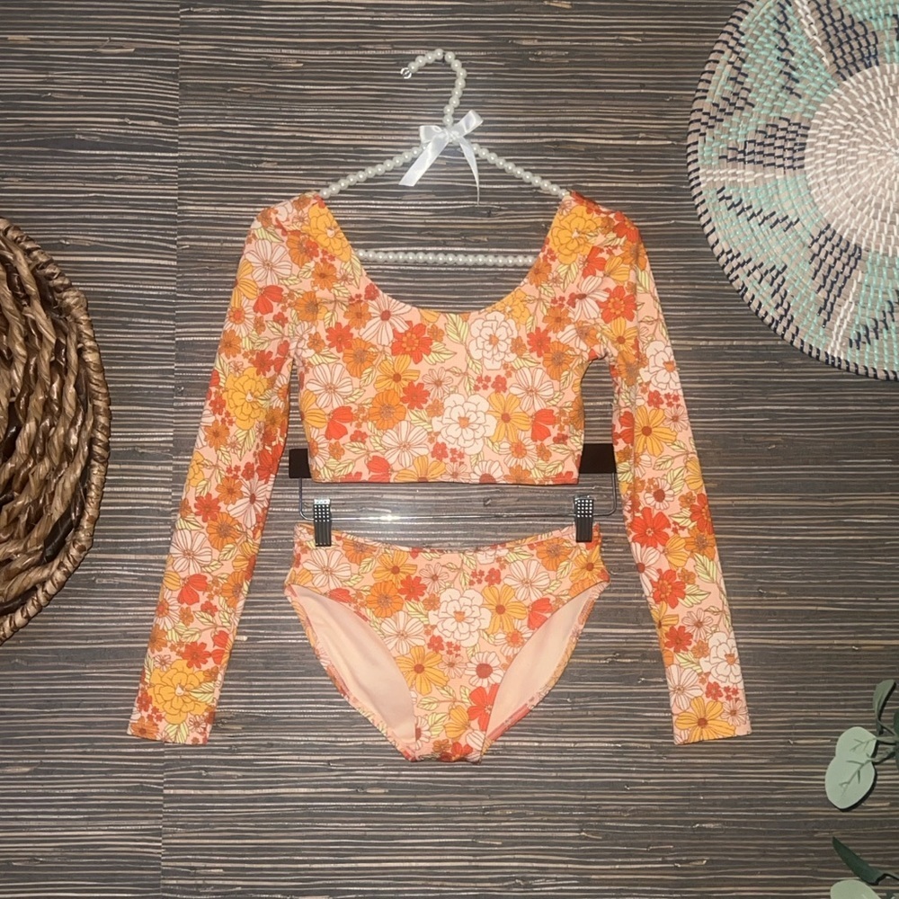 Art Class Floral Rash Guard Bikini Set- Pink and Orange Floral Size XL (14)